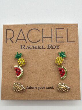 Rachel Roy Fruit & Leaf Stud Earrings Set - Pineapple Watermelon Gold Leaf